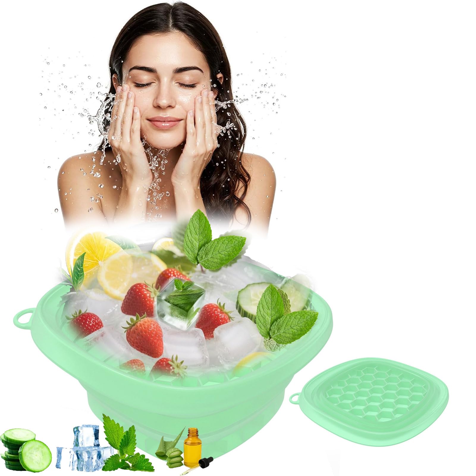 VBVARV Face Bowl for Ice, Quick Cooling Foldable Silicone Wash Basin with Built-in Ice Tray, Ice Tray for Home Ice Water Facials, Facial Ice Bath Kit, Ice Water Face Cold Plunge,Green