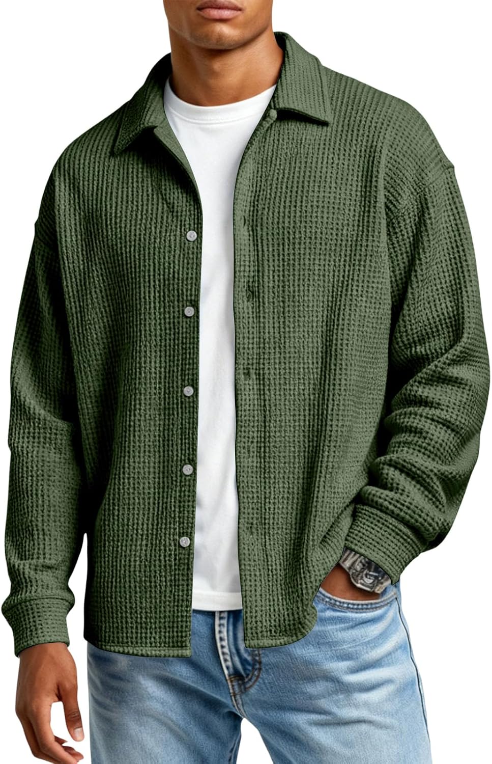 Men's Button Down Shirt Waffle Knit Long Sleeve Casual Vacation Beach Dress Shirts