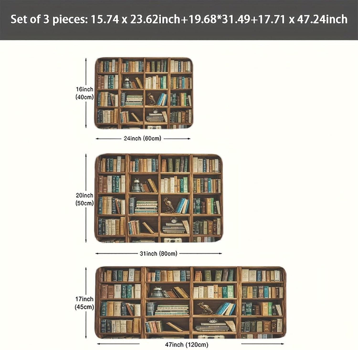 Retro Bookshelf Kitchen Mats for Floor 3PCS Waterproof Low-Profile Kitchen Rugs Floor Mat Non Slip Anti Fatigue Mats Comfort Standing Mat Runner Rug Area Rug 6"x24"+20"x31"+17"x47"