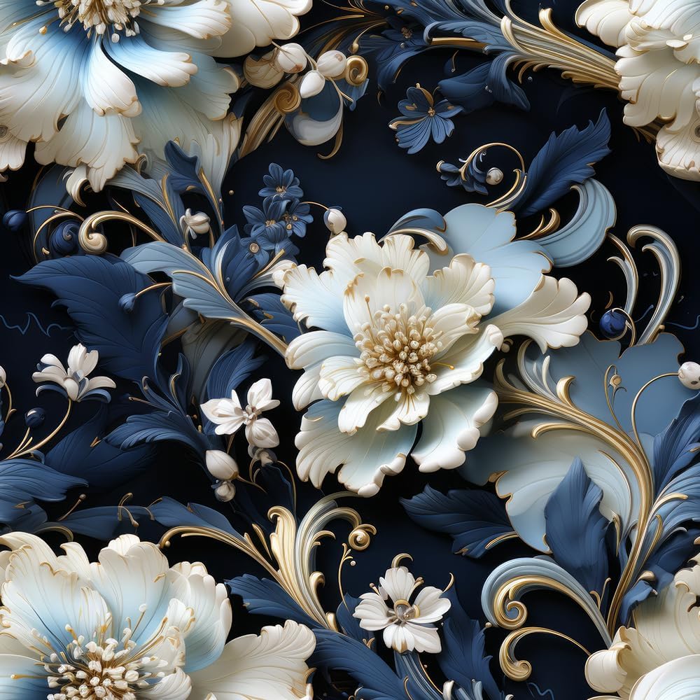 18"x236" Vintage Luxurious Blue White Flower Peel and Stick Self Adhesive Wallpaper Removable Contact Paper Stick on Easy Peel Off Wall Paper for Kitchen Bedroom Bathroom Renter