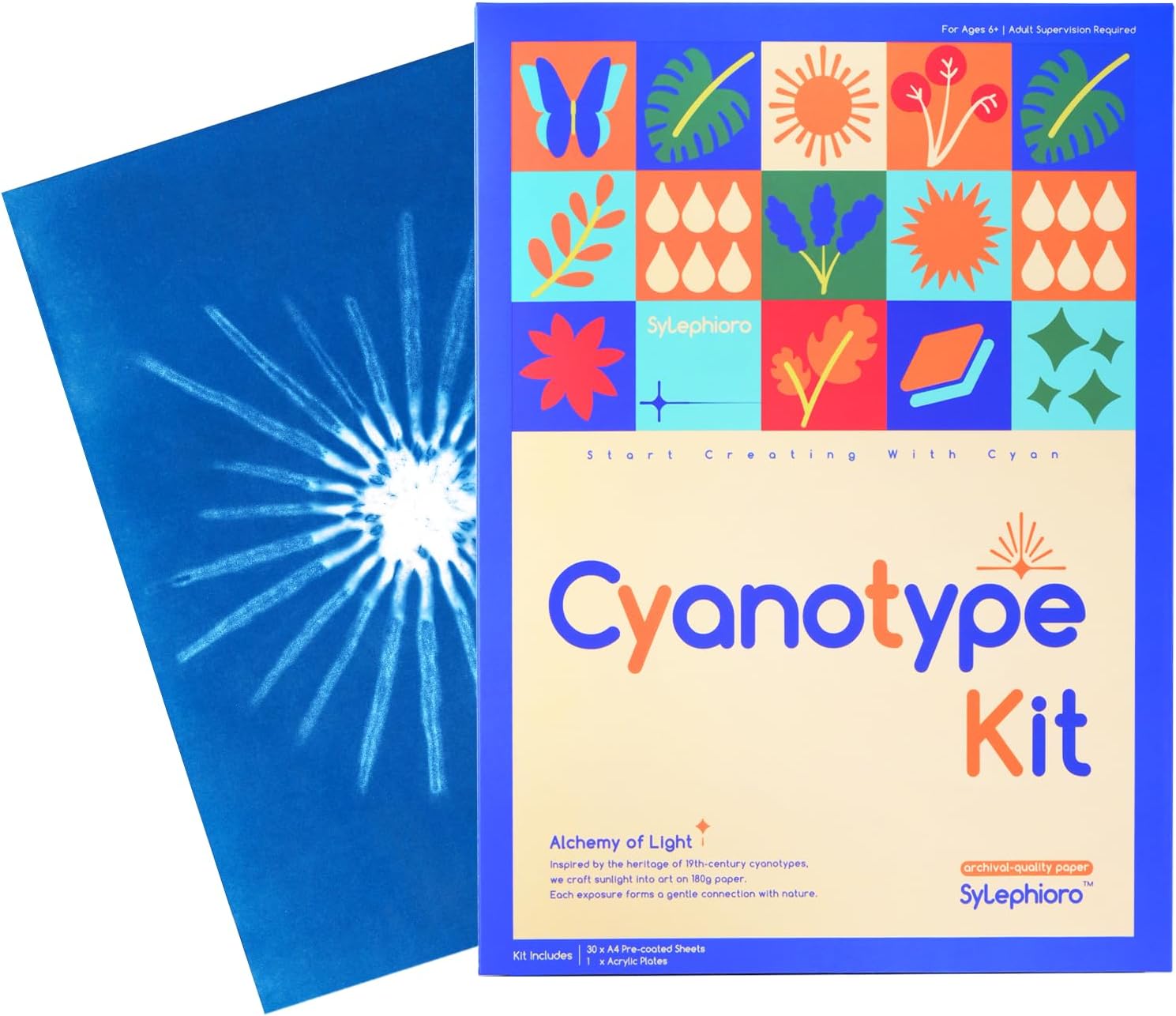 Cyanotype Kit A4 30 Sheets Tear-Resistant Cyanotype Paper Sylephioro Beginner-Friendly Crafts for Adults, Educators, and DIY Enthusiasts