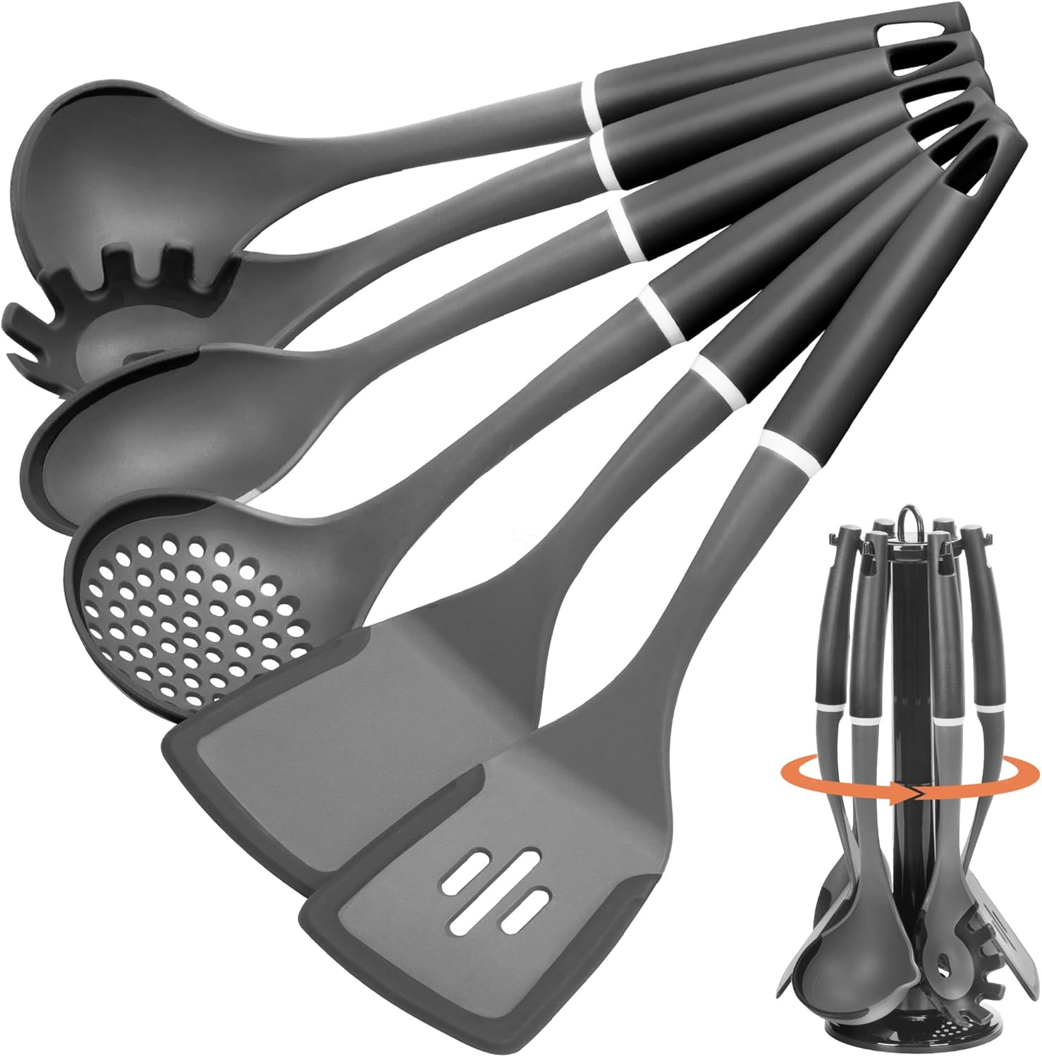 Kitchen Cooking Utensils Set, Non-Stick Spatula Set with Rotating Stand, 6 PCS Silicone Utensils Set for Cooking, 400°F Heat Resistant, Kitchen Gadgets with Nylon Handle & Stable Holder, Grey Black Kitchen Cooking Utensils Set, Non-Stick Spatula Set with Rotating Stand, 6 PCS Silicone Utensils Set for Cooking, 400°F Heat Resistant, Kitchen Gadgets with Nylon Handle & Stable Holder, Grey Black