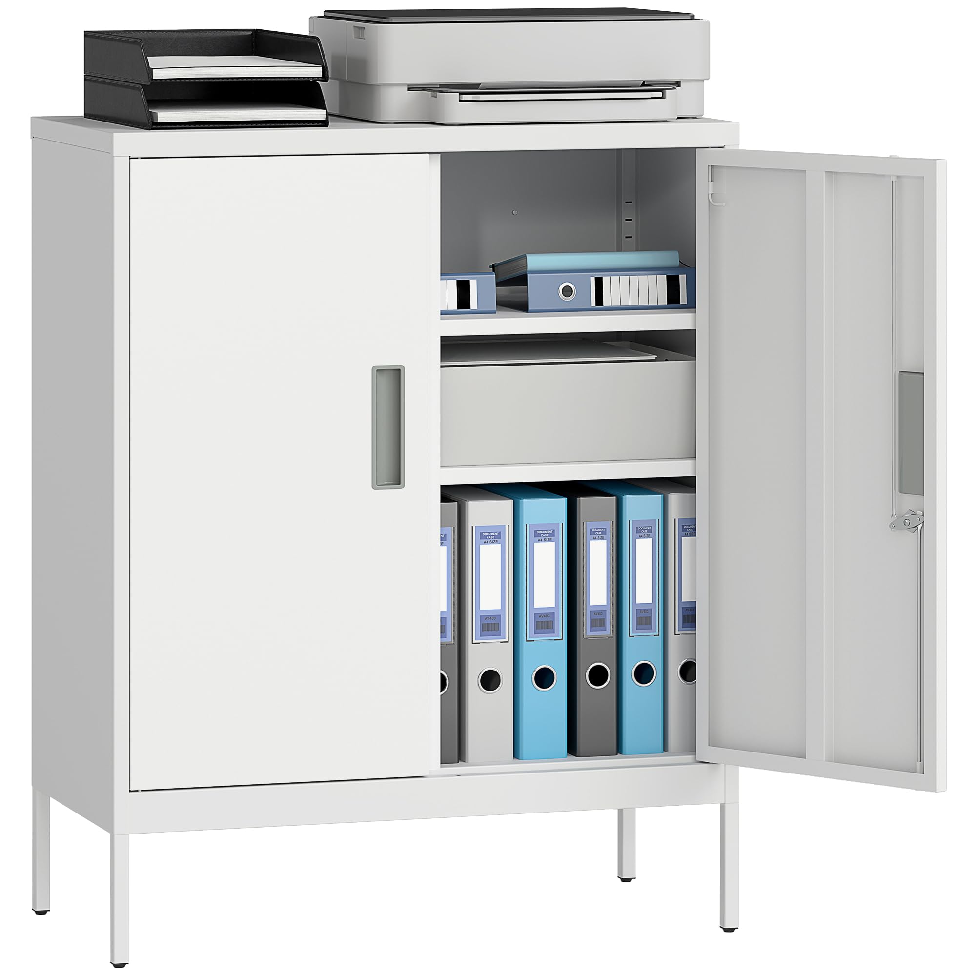 HOMCOM Armadio Portadocumenti a 2 Ante in Acciaio, Schedario da Ufficio con Ripiani Regolabile su 25 Livelli e Serratura, Mobiletto Multiuso Portaoggetti, per Ufficio Studio, 80x40x100 cm, Bianco
