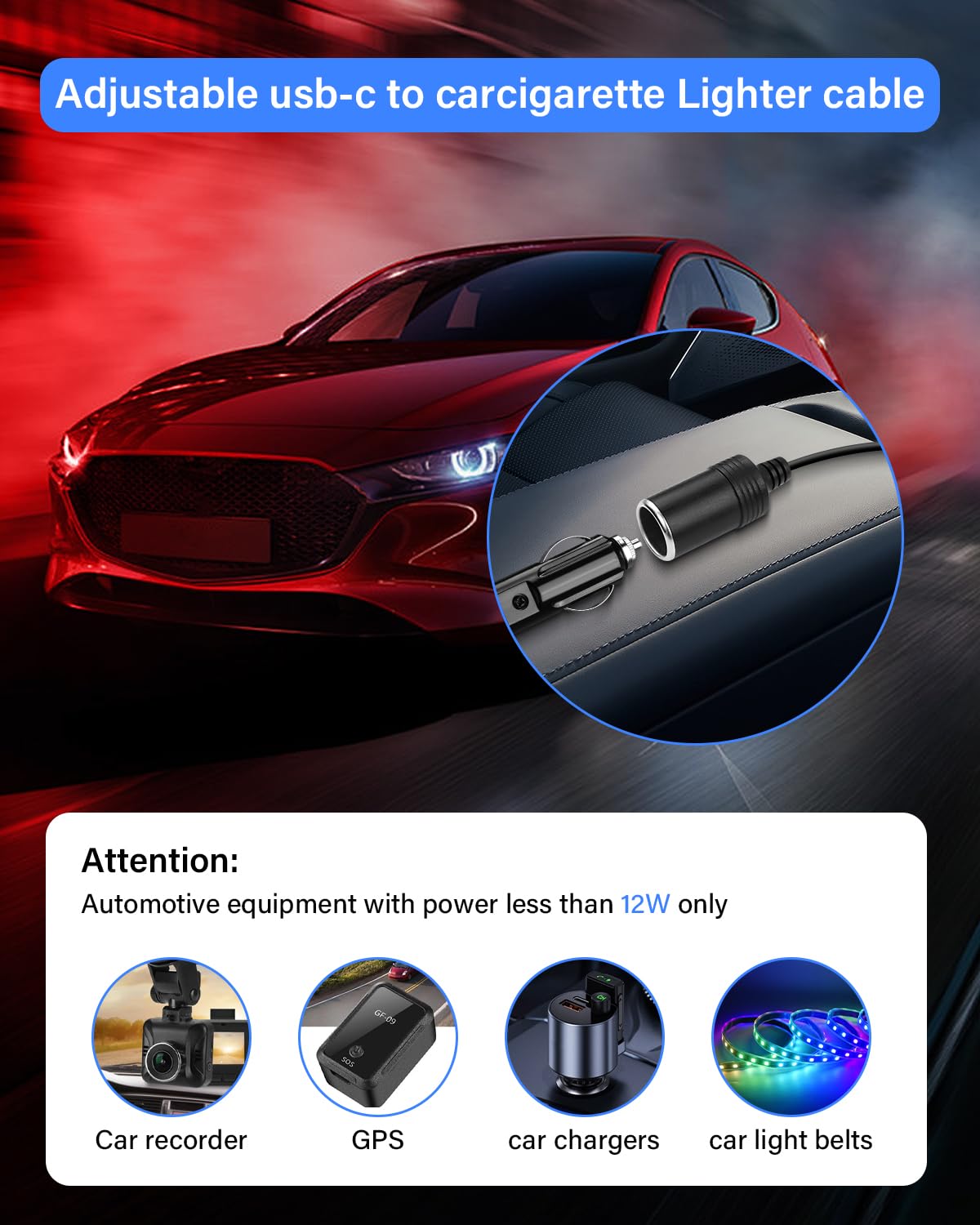 Adattatore USB C a accendisigari auto, 100 W, con adattatore USB A, interruttore DIP regolabile da 5 V/9 V/12 V/15 V/20 V, per dash cam, GPS, ecc