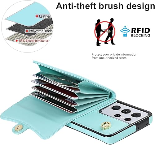 Miniatura 4 de Asuwish Funda de teléfono para Samsung Galaxy S21 Ultra 5G, funda de cartera con bloqueo RFID, tarjetero de crédito, correa cruzada para muñeca,