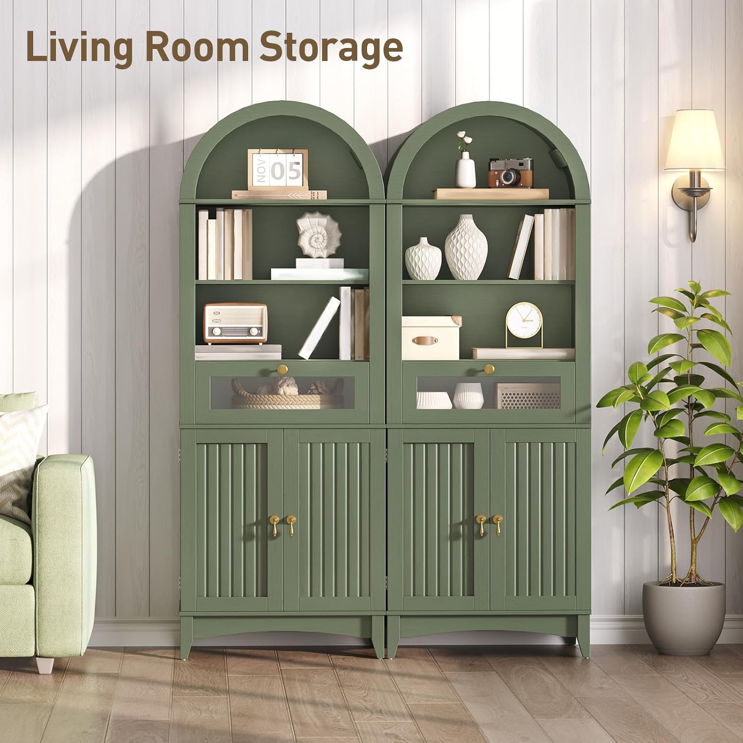 66" Tall Bathroom Storage Cabinet with Flip Drawer, Freestanding Storage Cabinet with Doors & Shelves,Arched Cabinets for Bathroom, Living Room, Kitchen, Laundry, Green