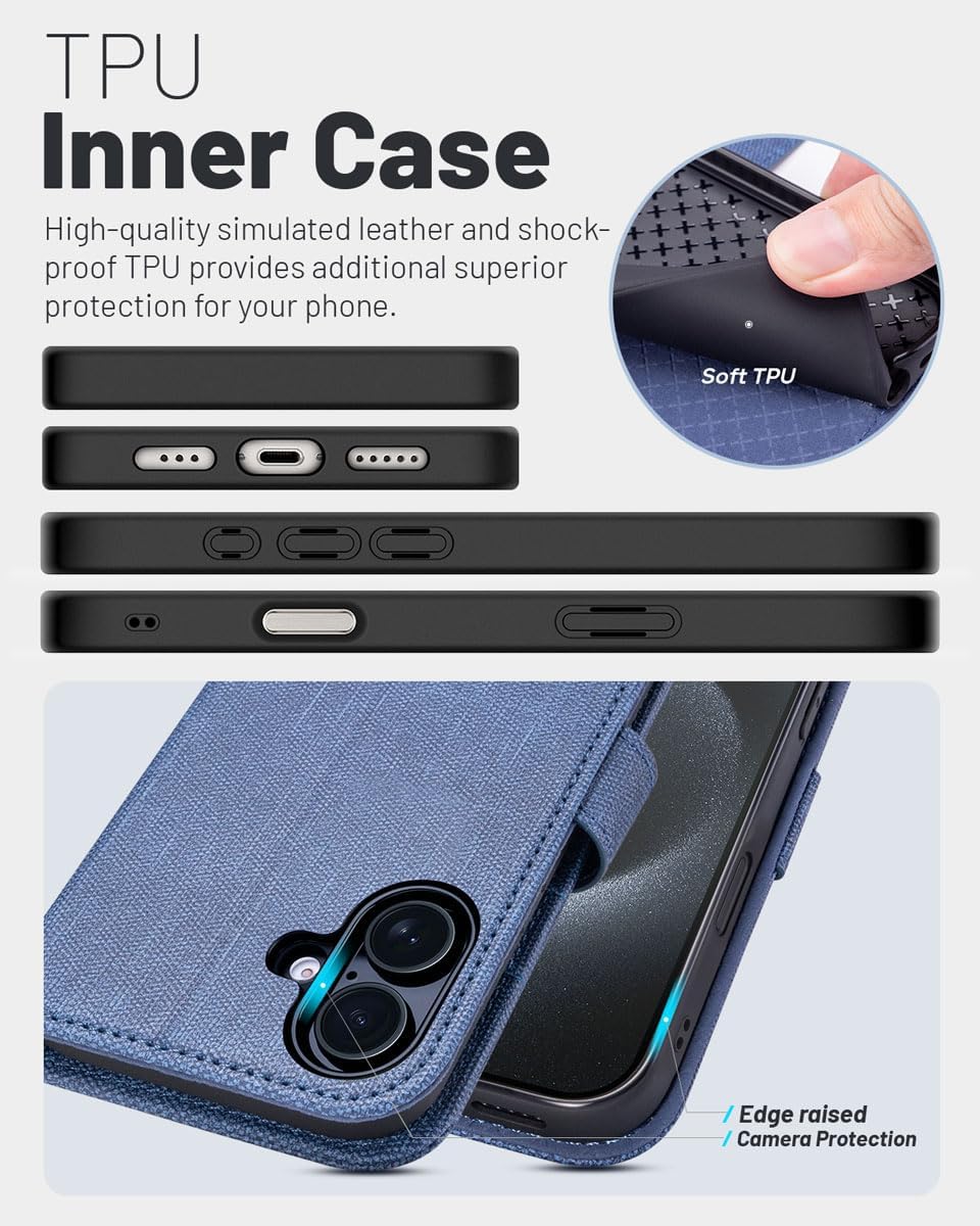 OCASE Compatible with iPhone 16 Wallet Case, PU Leather Flip Folio Case with Card Holders RFID Blocking Kickstand [Shockproof TPU Inner Shell] Phone Cover 6.1 Inch 2024, Denim Blue