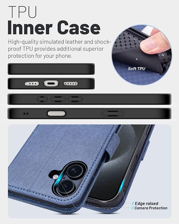 OCASE for iPhone 16 Wallet Case PU Leather Flip Folio Case with Card Holders RFID Blocking Kickstand Shockproof TPU Inner Shell iPhone 16 Phone Cover 6.1 Inch 2024-Denim Blue by OCASE - Image 5