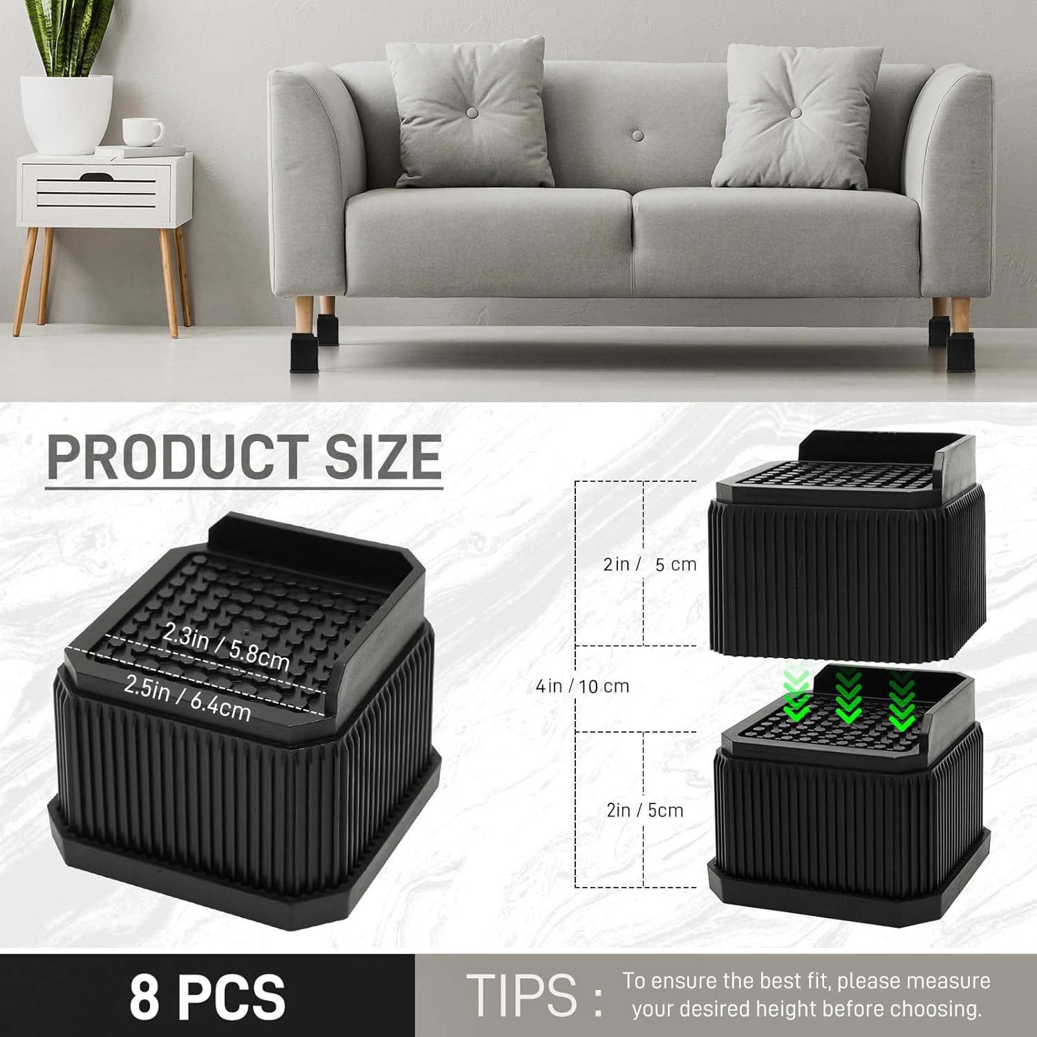 EleganceX Furniture Risers 8 Pack - Couch Risers 2" to 4" Height Lift for Bed, Sofa,Desk，Table,Refrigerator, Washing Machine |Easy Storage & Cleaning,Anti-Slip Design Supports Up to 1200lbs