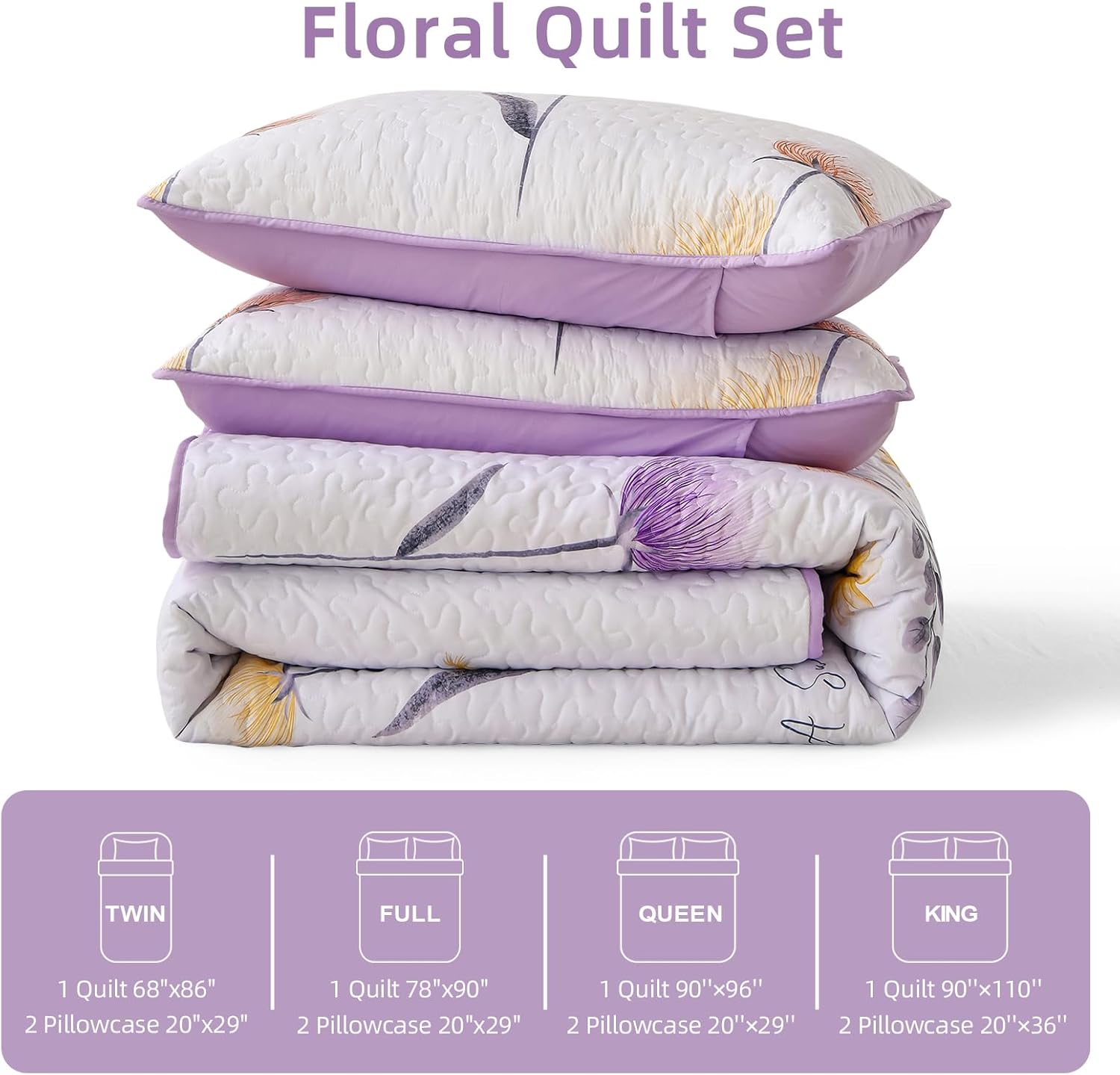 Dinjoy Floral Quilt Set Queen Size,Purple Bedspread Coverlet Botanical 3 Pieces Cute Fall Quilts Microfiber Lightweight Farmhouse Bedspreads Comforter Soft Bed Cover Sets for All Season(96"x90") - Image 6