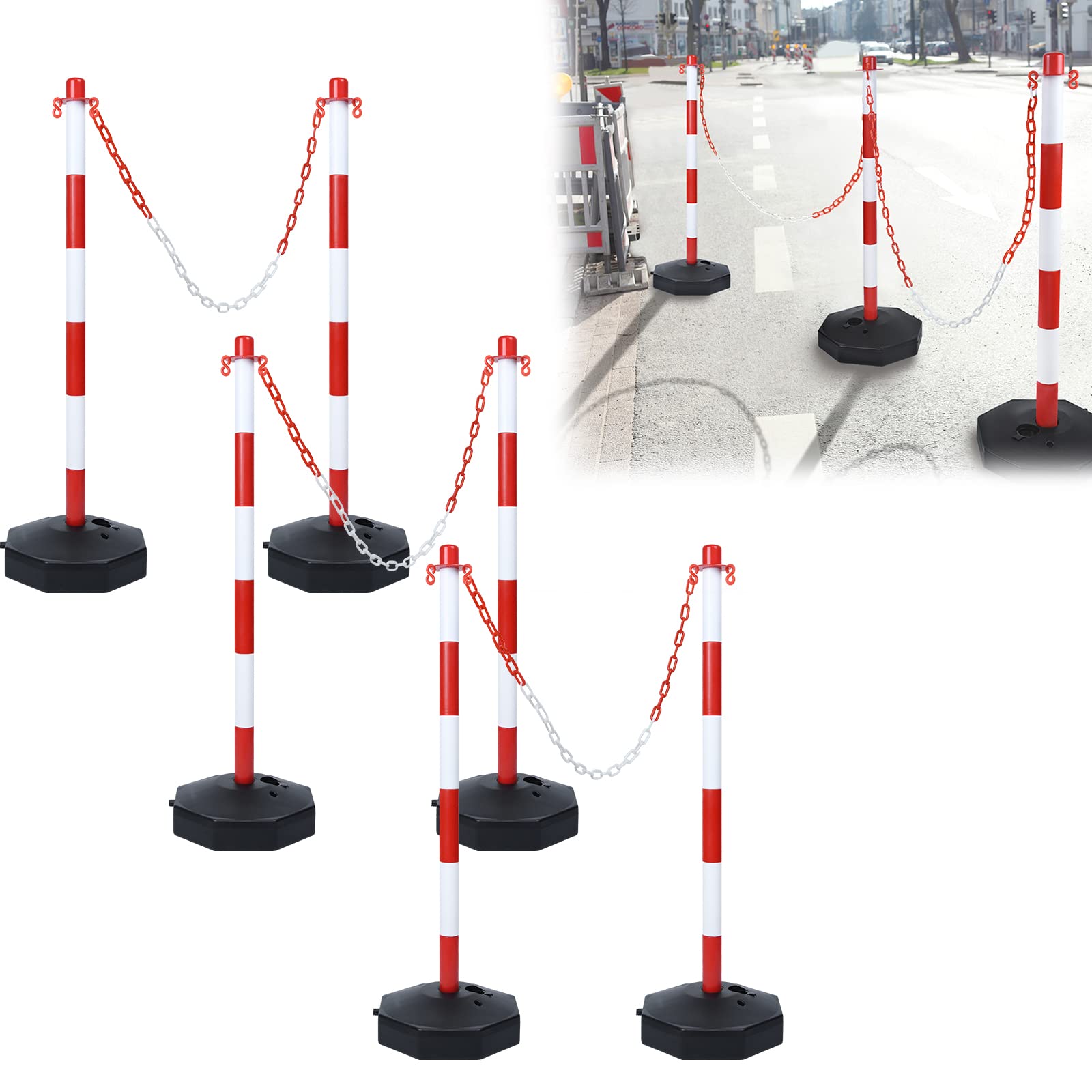 YRHome Pack de 6 postes de barrera de 82x28x28 cm postes de cadena de plástico postes de barrera con 6 cadenas de barrera de 140 cm y base rellenable con agua y arena blanco/rojo