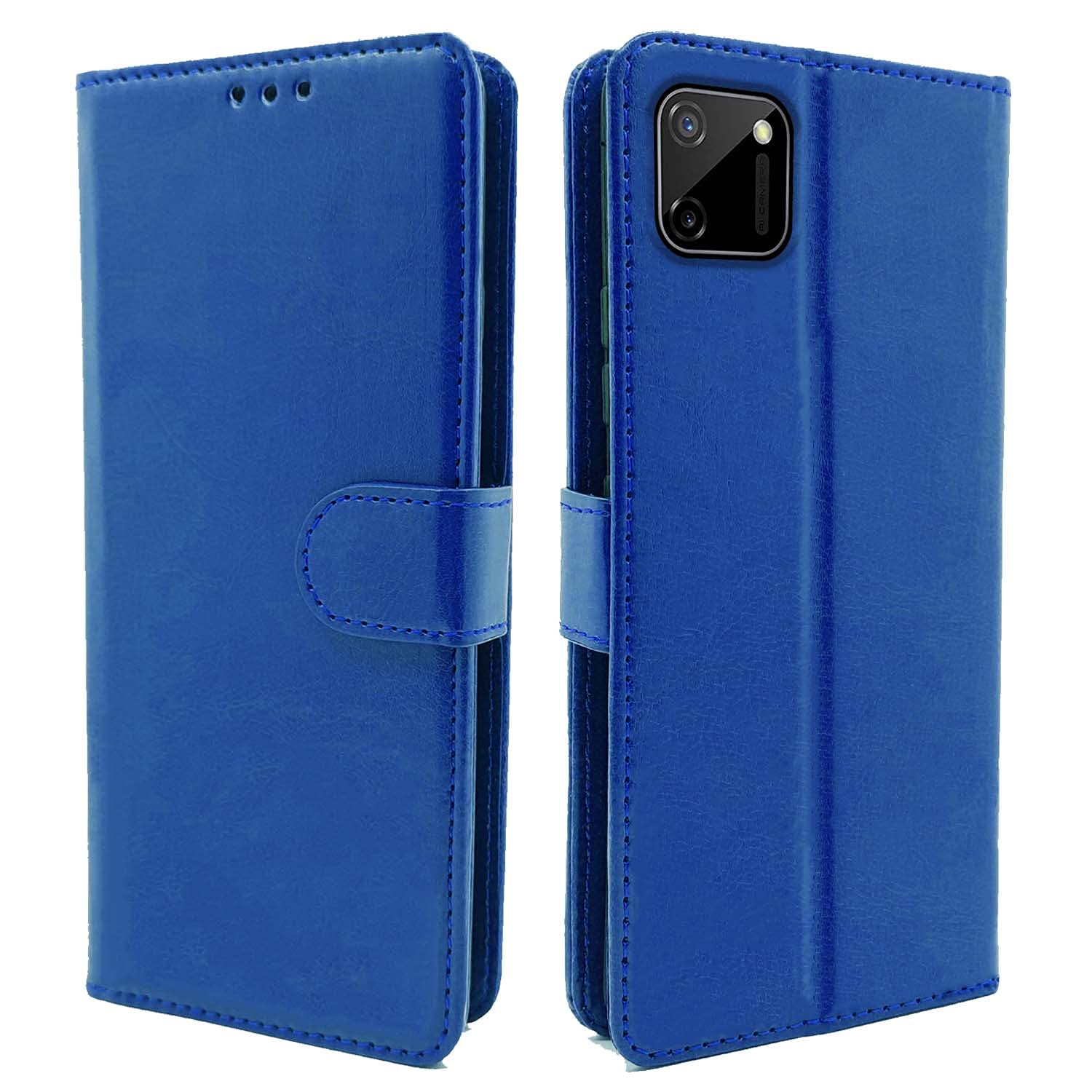 Pikkme Realme C11 Flip Case Leather Finish | Inside TPU with Card Pockets | Wallet Stand and Shock Proof | Magnetic Closing | Complete Protection Flip Cover for Realme C11 (Blue)