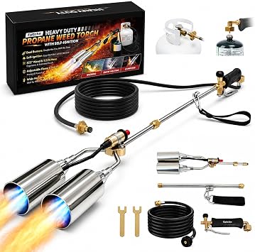 Dual Head Propane Torch Weed Burner, Dual Burner Weed Torch with Piezo Igniter, 1600000 BTU Heavy Duty High Output Weed Torch with 10 FT Hose, Turbo Trigger for Weeding, Snow Melting, Driveway