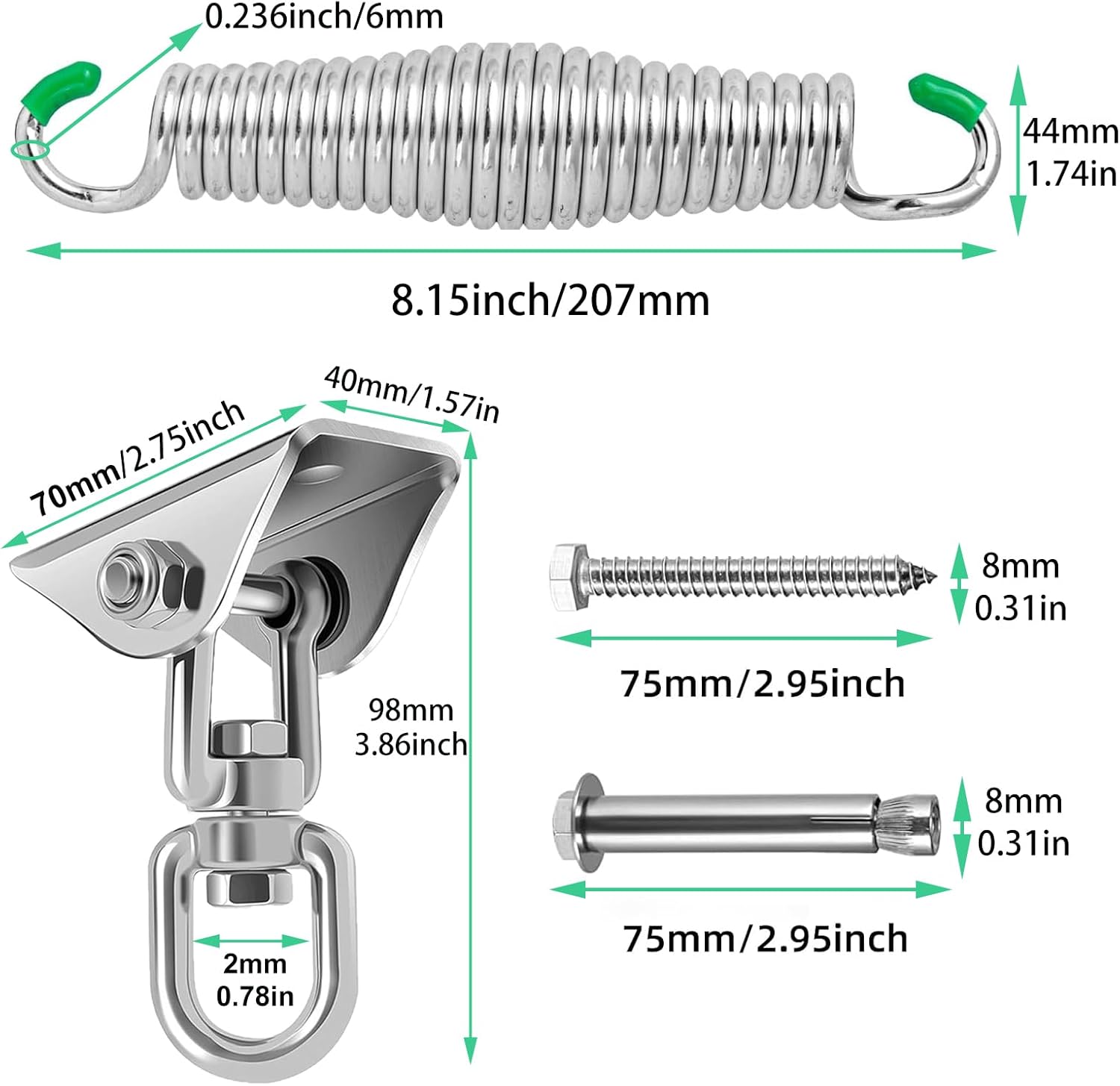 JESE Hanging Kit with Springs Silver Heavy Duty 1600Lbs Porch Swing Springs Hammock Hardware Kit for Hammock Chair, Porch Swing, Hammock Stands