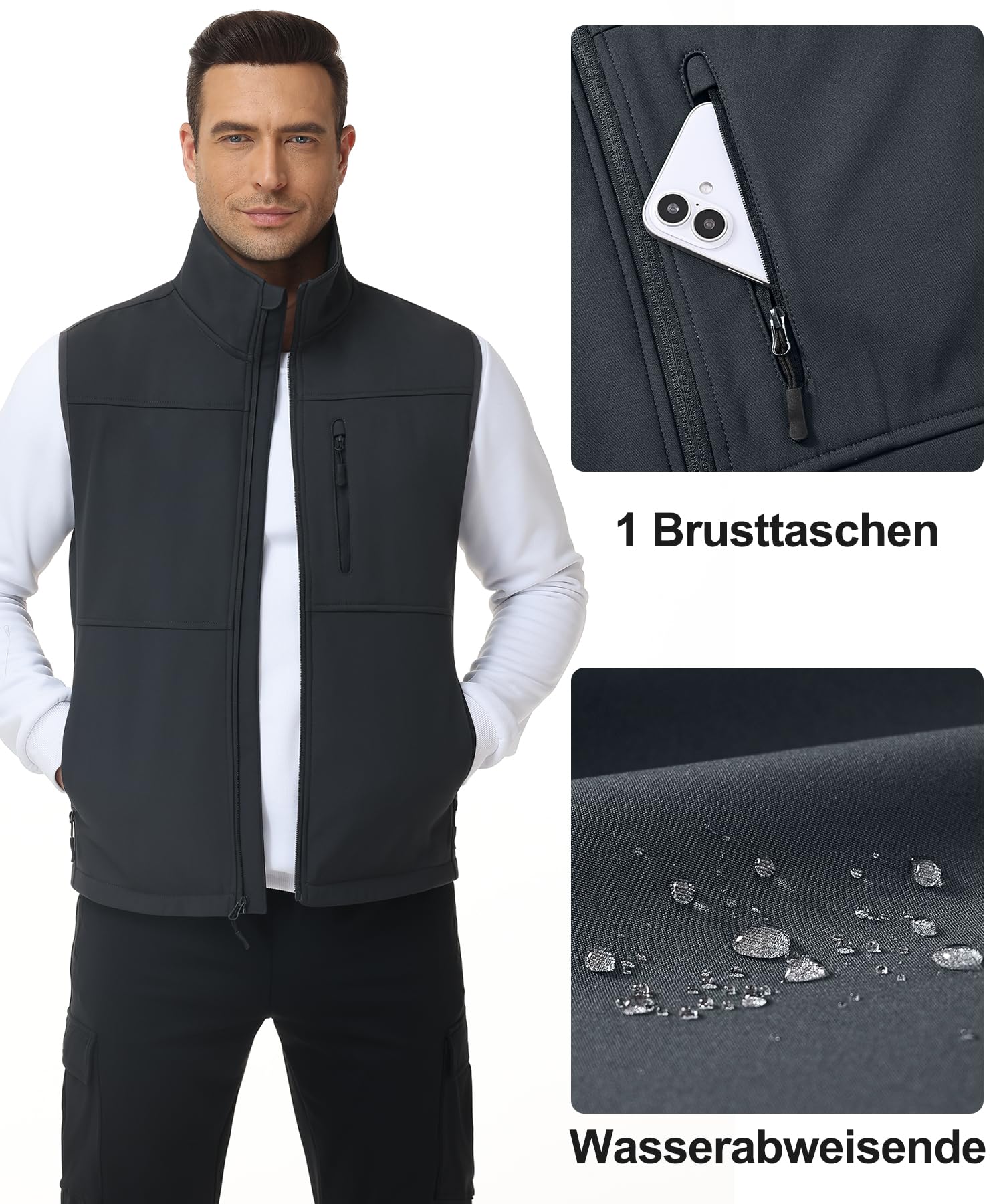 Huayuzh Gilet d'extérieur sans manches Softshell imperméable coupe-vent pour homme Intérieur polaire Randonnée Golf