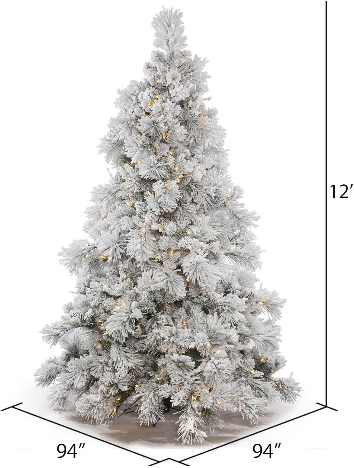 Vickerman 12' Flocked Alberta Artificial Christmas Tree, Pure White LED Lights - Snow Covered Faux Tree - Seasonal Indoor Home Decor - Easy Assembly
