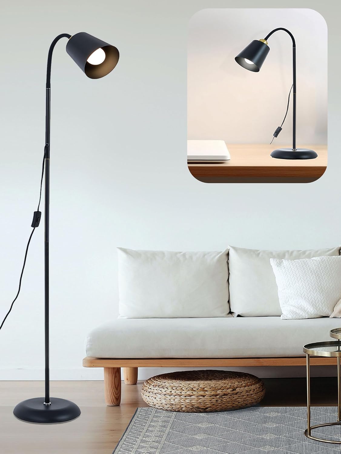 Floor Reading Lamp, Industrial Standing Lamps for Living Room with Adjustable Bendable, 2 in 1 Reading Table Lamps for Living Room Bedroom Office, 12W LED Bulb Included (Black Poles)