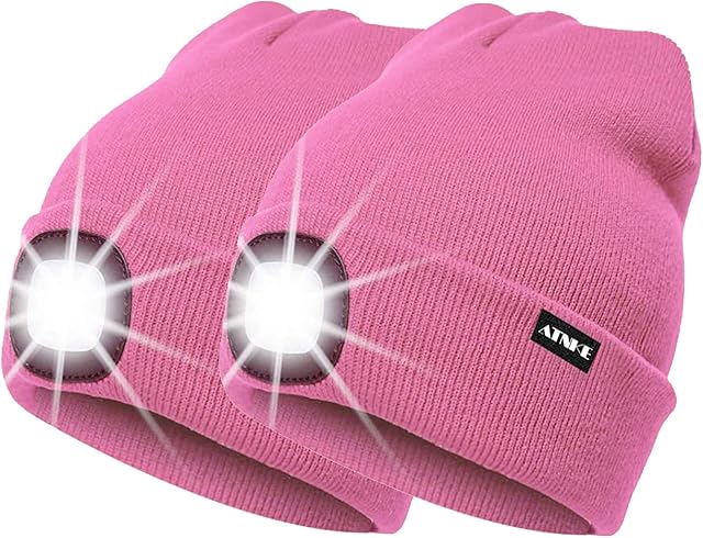 ATNKE 2Pcs New Warm LED Lighted Beanie Cap Unisex USB Rechargeable Running Hat Ultra Bright 4 LED Waterproof Light Lamp Multi-color