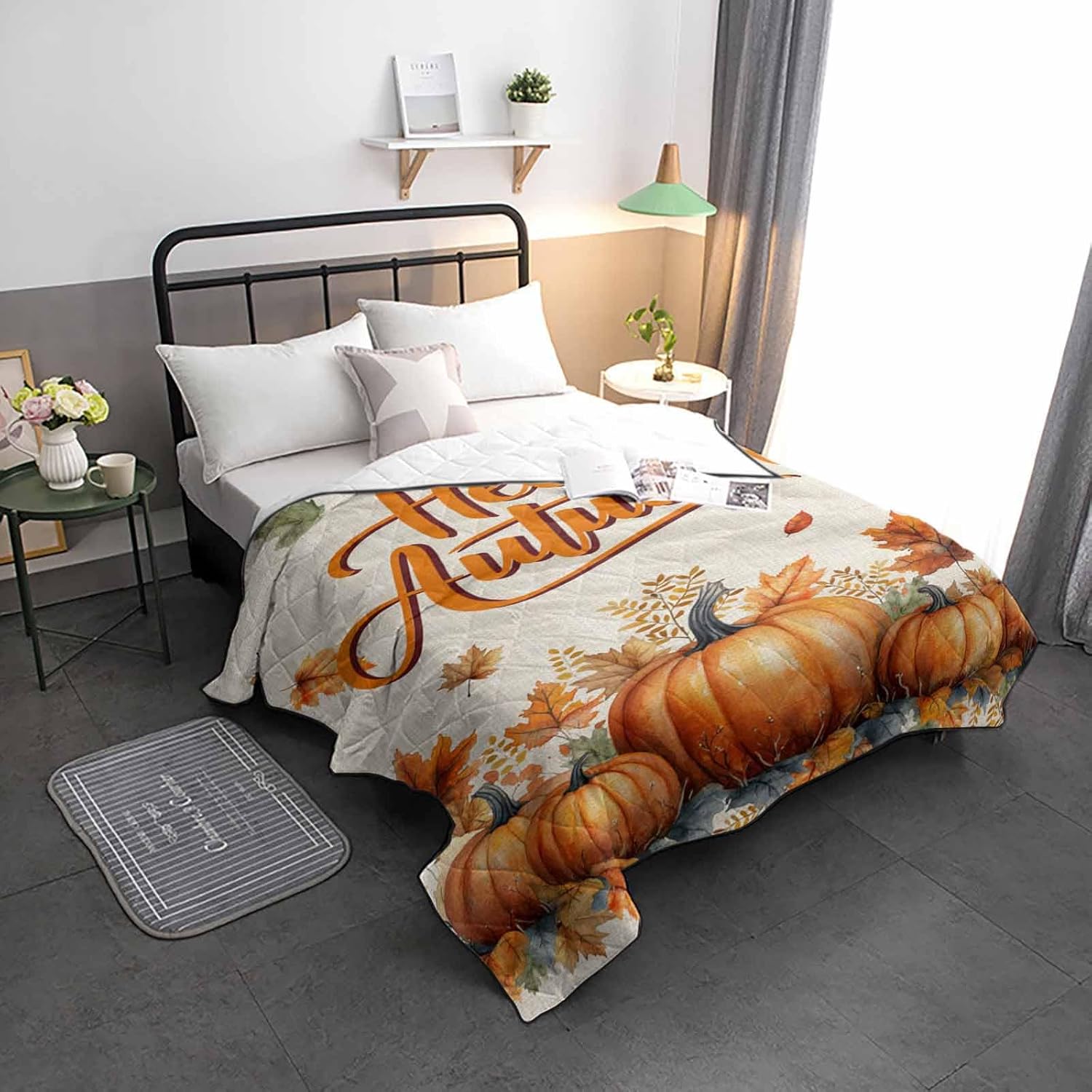 Quilt Queen Size Luxury Quilted Comforter Bedspread-Thin Soft Cozy, Hello Autumn Thanksgiving Fallen Leaves Pumpkin Natural Linen Reversible Stitched Lightweight Quilt Coverlet for All Season