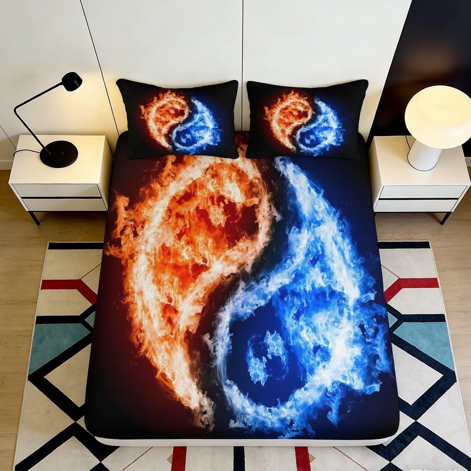 3D Printed Fire Water Yin Yang Fitted Sheet Microfiber Anti-Slip Bed Cover for Bedroom Dorm Easy Care Decor 90x200x25cm