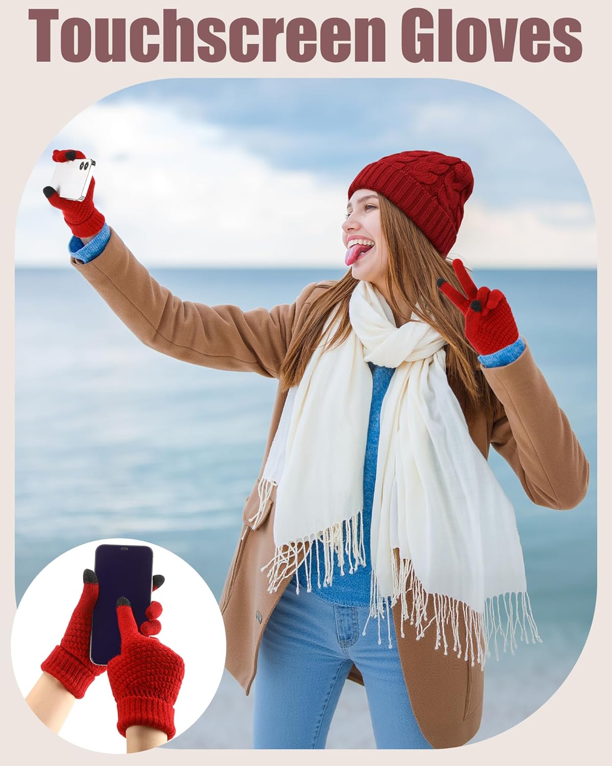 12 Pcs Women Beanie Hat Gloves Set Stain Lined Hats Fleece Hats Touchscreen Gloves Knit Mittens for Men Adult Cold Weather
