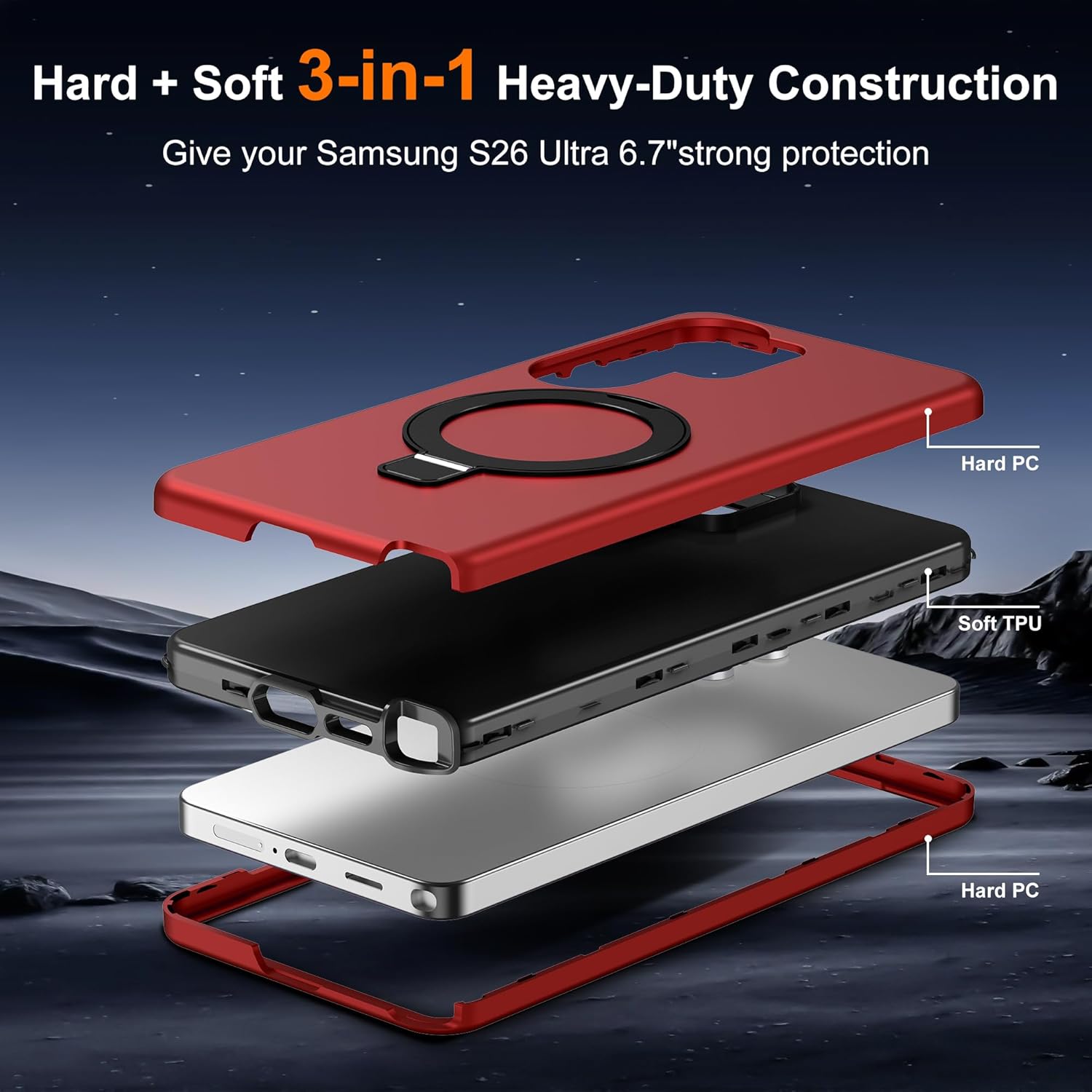Compatible with Samsung Galaxy S26 Ultra Case with Magnetic Ring Stand [Compatible with Mag-Safe][Military Grade Drop Protection][Build in Kickstand] S26 Ultra Phone Case 6.9",Red