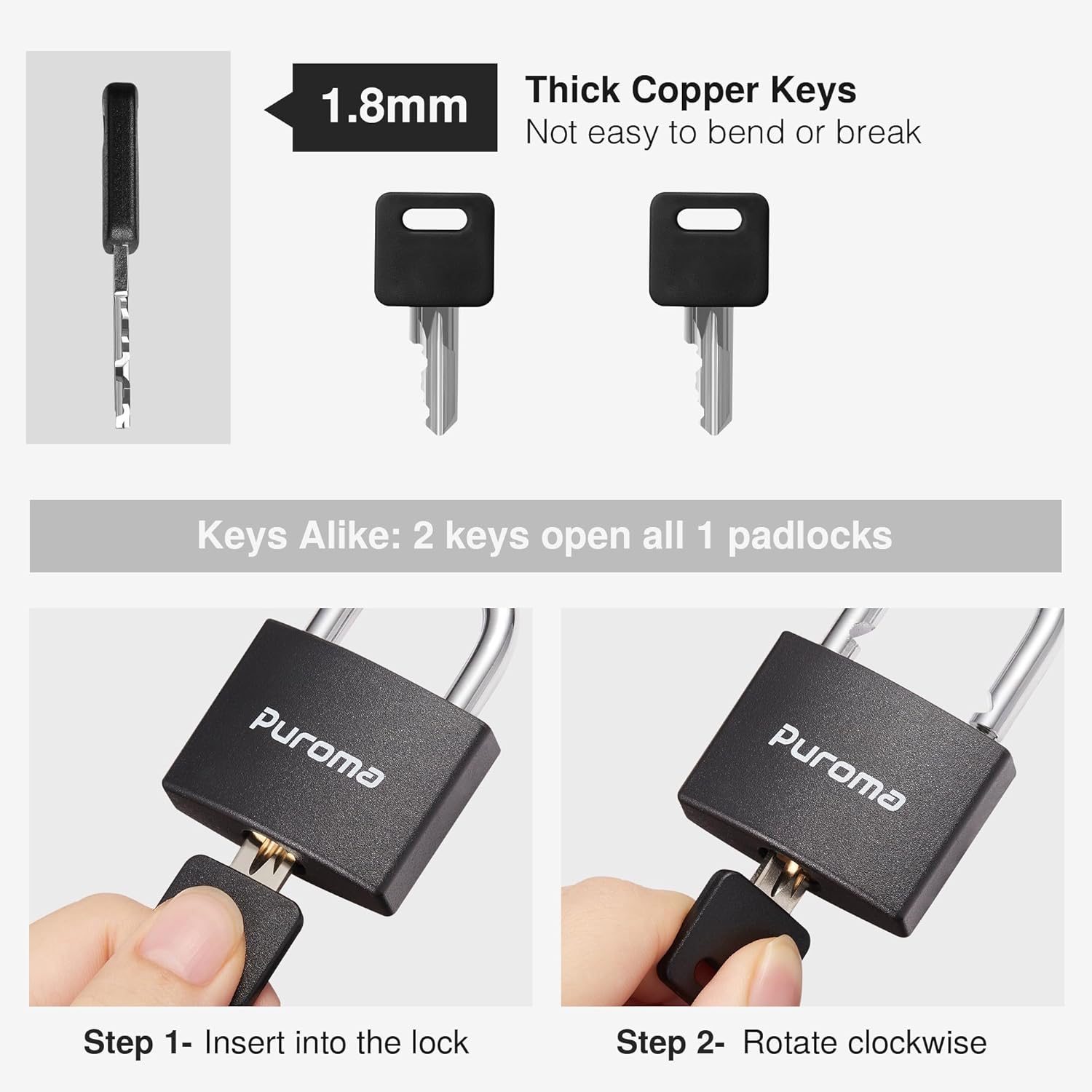 Puroma Lock Keyed Padlock, 1 Pack Aluminum Locks with 2 Keys Alike, 7/8 Inch Locker Lock 43mm Small Padlocks for Gate, Fence, Shed, Toolbox, School Gym Locker (Black) 1.1 Inch 1 Pack Black