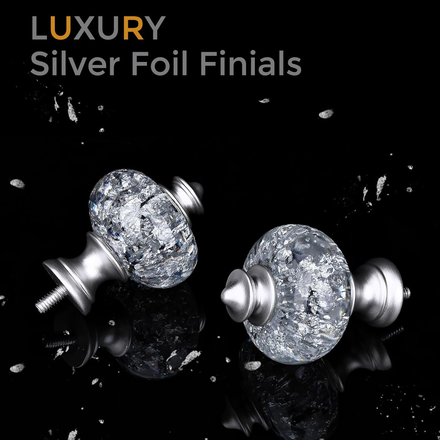 2 Pack Silver Curtain Rod for Windows 28 to 48 Inches, 1'' Heavy Duty Adjustable Modern Drapery Rods with Unique Crystal Finials, Luxury Decorative Curtain Rods, Size: 30-60''