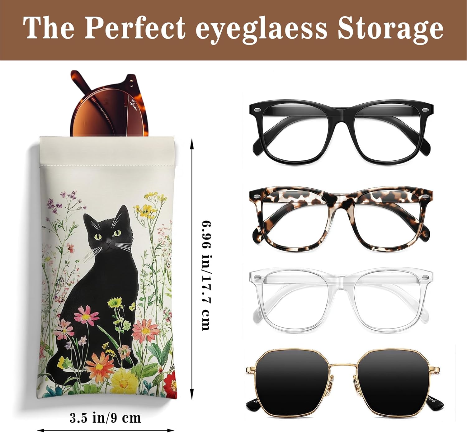 Eyeglasses Case-PU Soft Squeeze Top Sunglasses Glasses Pouch for Women Black Cat Pattern Portable Anti-Scratch Eyewear Bag (Cat, Black) - Image 5