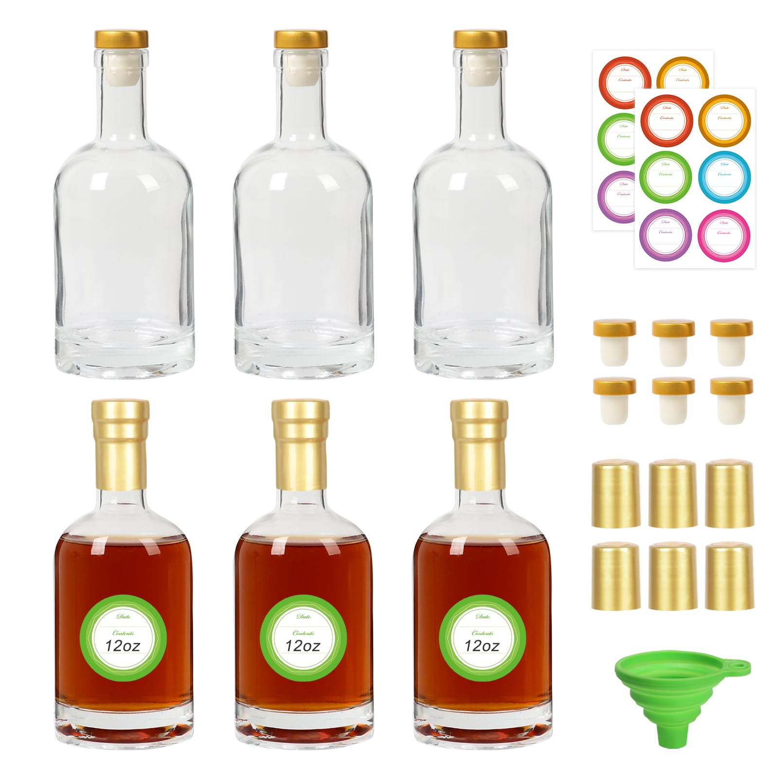 12 oz Glass Liquor Bottles, 6-Pack with T-Top Caps & Heat Shrink Seals, Empty Whiskey Beer Wine Bottles for Home Brewing, Soda, Olive Oil Storage