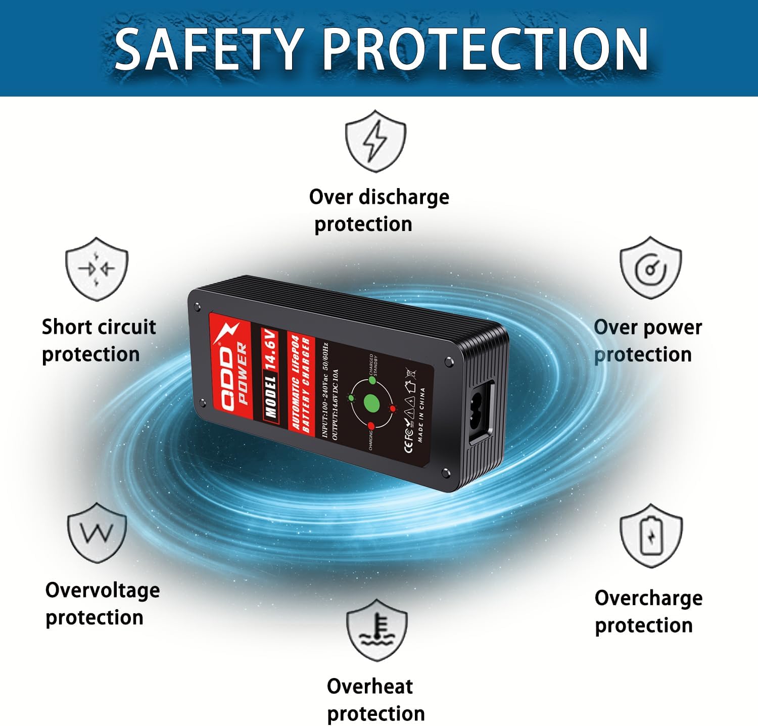 QDD 12V / 14.6V 10A Lifepo4 Lithium Charger with Alligator Clip Connector, Multiple Protection Functions