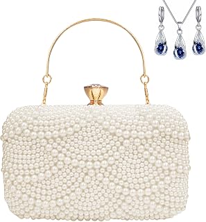 Women's Pearl Diamond clutch purses Cream White evening bag,Classy Stylish Shoulder Crossbody Bag,detachable shoulder chain,Purse with Necklace and Earrings for Wedding Party Prom Travel