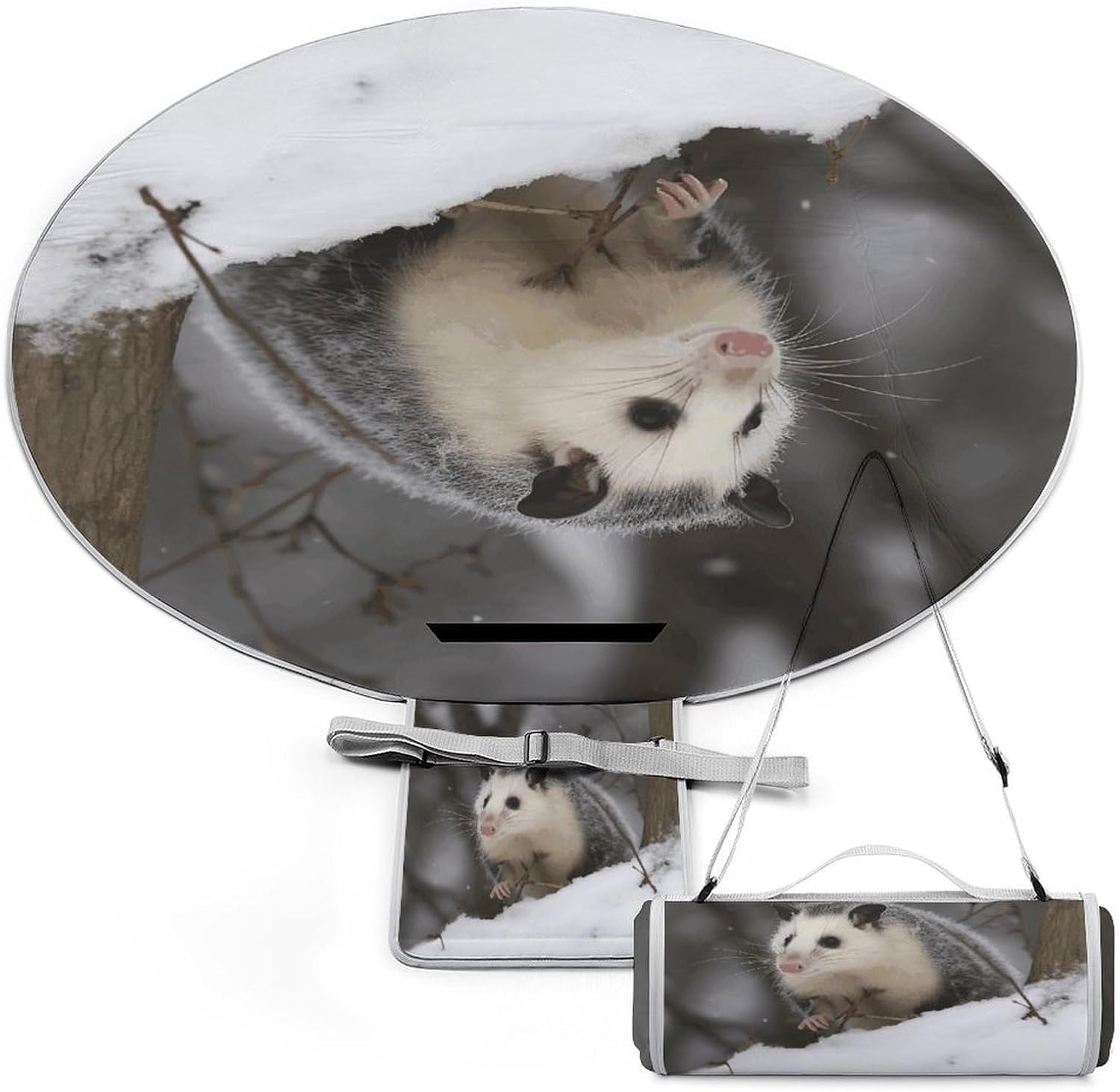 Opossum in Snow Picnic Mat Lightweight Waterproof Picnic Blankets Extra Large Picnic Outdoor Blankets Foldable Sandproof Beach Blanket for Park Beach Camping Courtyard 58.3''x58.3''