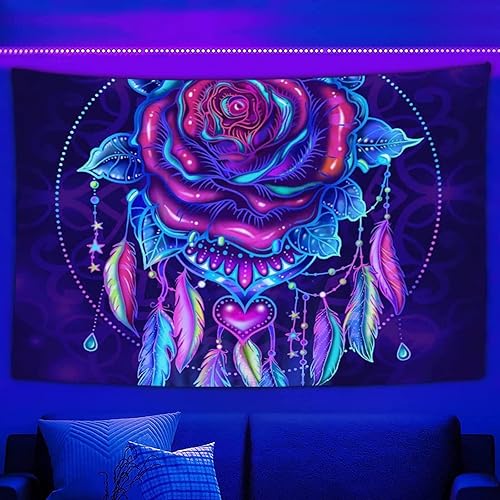 Miniatura 2 de Tapiz mandala hippie bohemio para colgar en la pared, diseño de flores negras, fantasía, rosa, atrapasueños, tapiz para colgar en la pared, póster