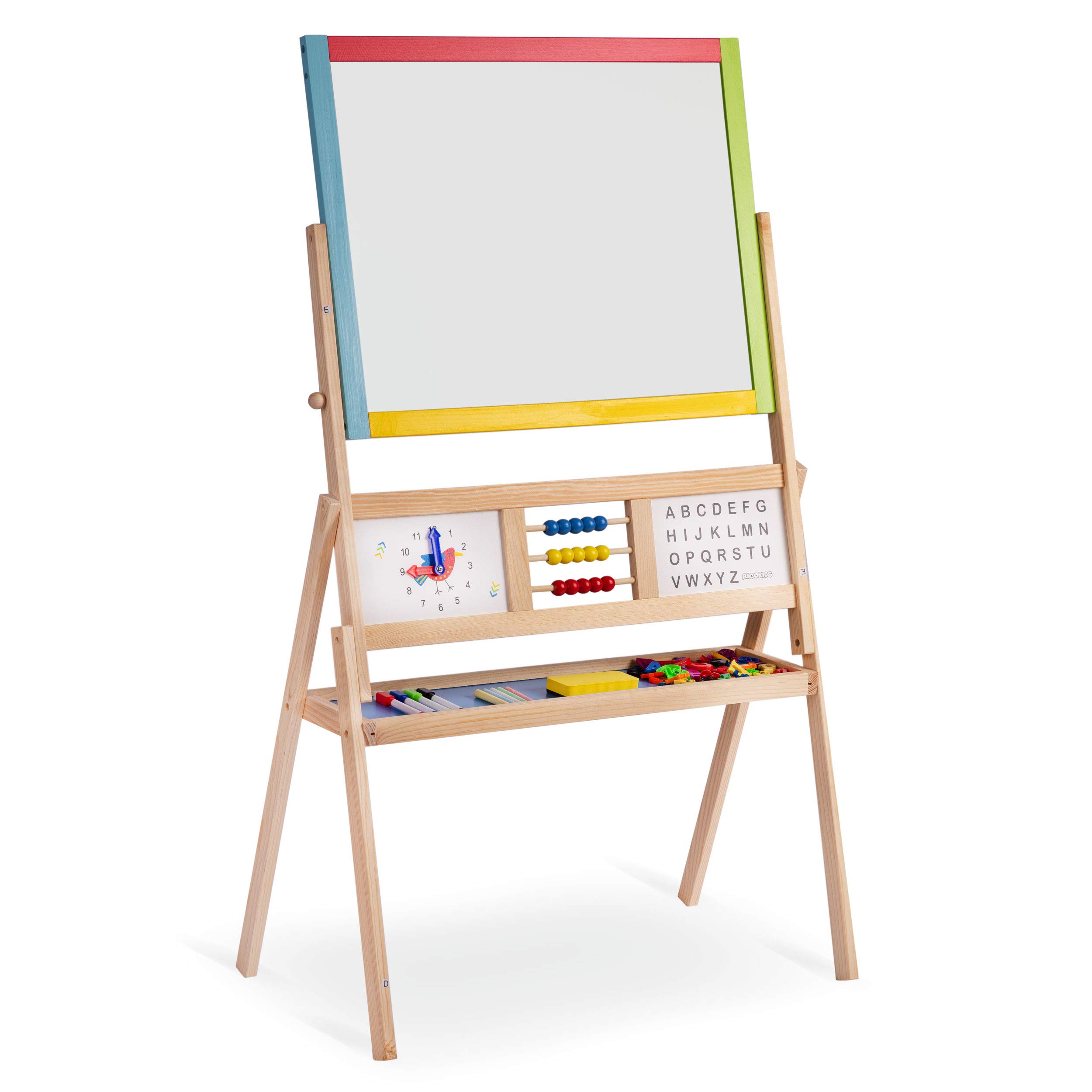 Ricokids Tablica do zabawy dla dzieci, magnetyczna tablica suchościeralna, zegar liczydło i tablica do malowania kredą, tablica dla dzieci, sztaluga z drewna