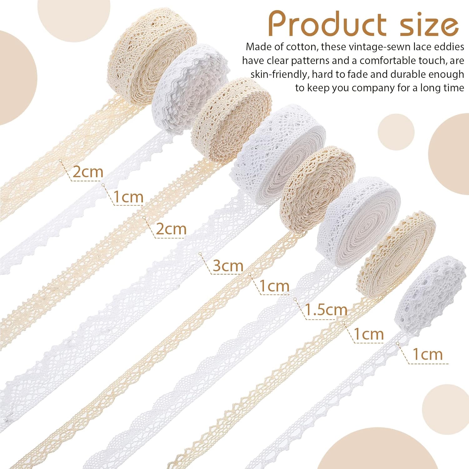 40 Yards Cotton Lace Trim Vintage Lace Ribbon Crochet Cotton Lace Scalloped Edge for Bridal Wedding Decoration Christmas Package DIY Sewing Craft Supply, 5 Yards Each, 8 Styles (Mixed Color)