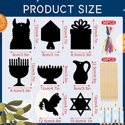Miniatura 2 de JULMELON Hanukkah Scratch Art, 36 piezas de kits de manualidades de Hanukkah para niños, arte mágico de rayar, adornos colgantes de Janucá, papel