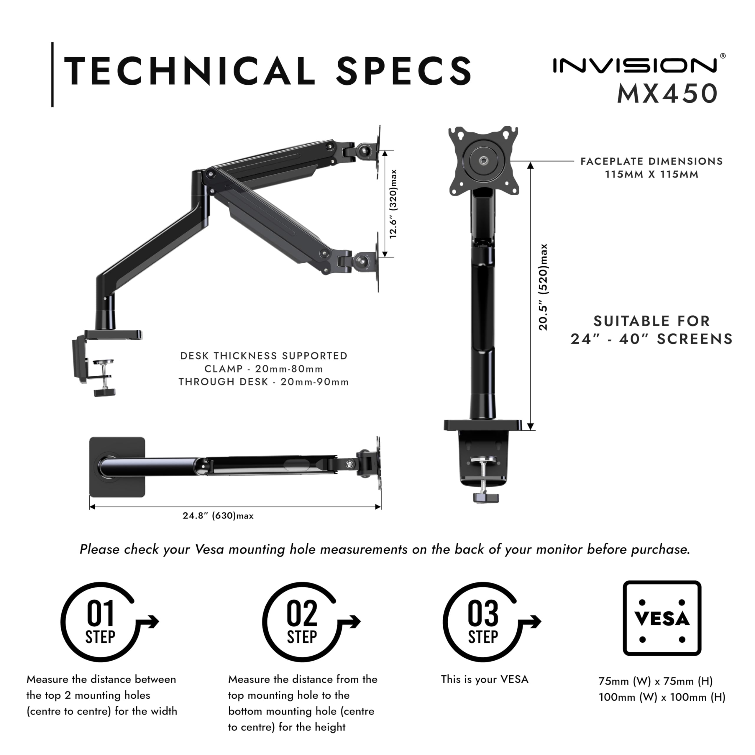 Invision Soporte de Brazo para Monitor para Pantallas 24-40" Abrazadera de Escritorio Ergonómica Ajustable en Altura VESA 75/100mm 2-15kg (MX450)