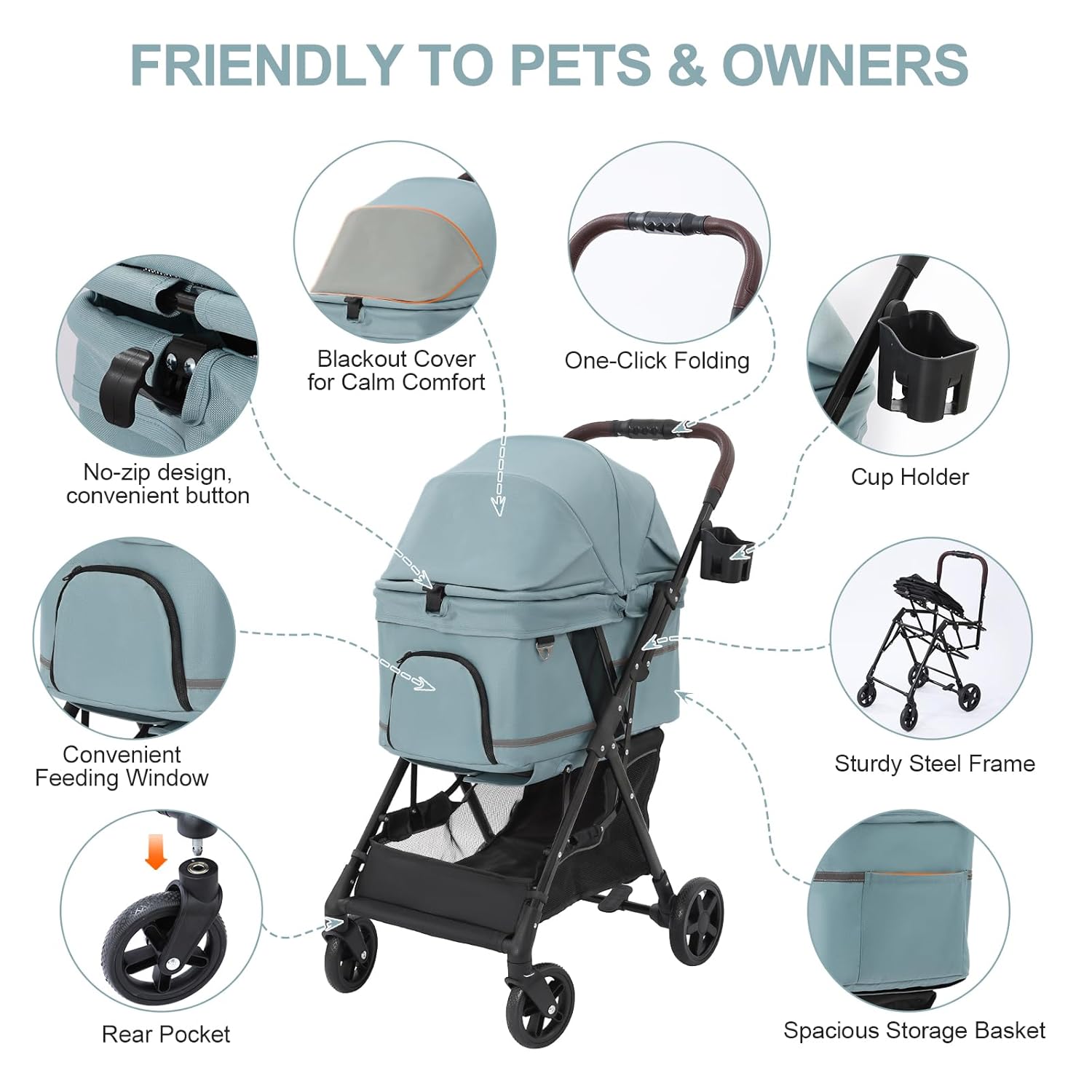 NO-Zip Pet Stroller for Small Dogs & Cats, Lightweight Dog Stroller with Reflective Safety Strips, One-Hand Fold, Claw-Proof Mesh, Breathable Travel Carriage, 33lbs Capacity, Light Blue