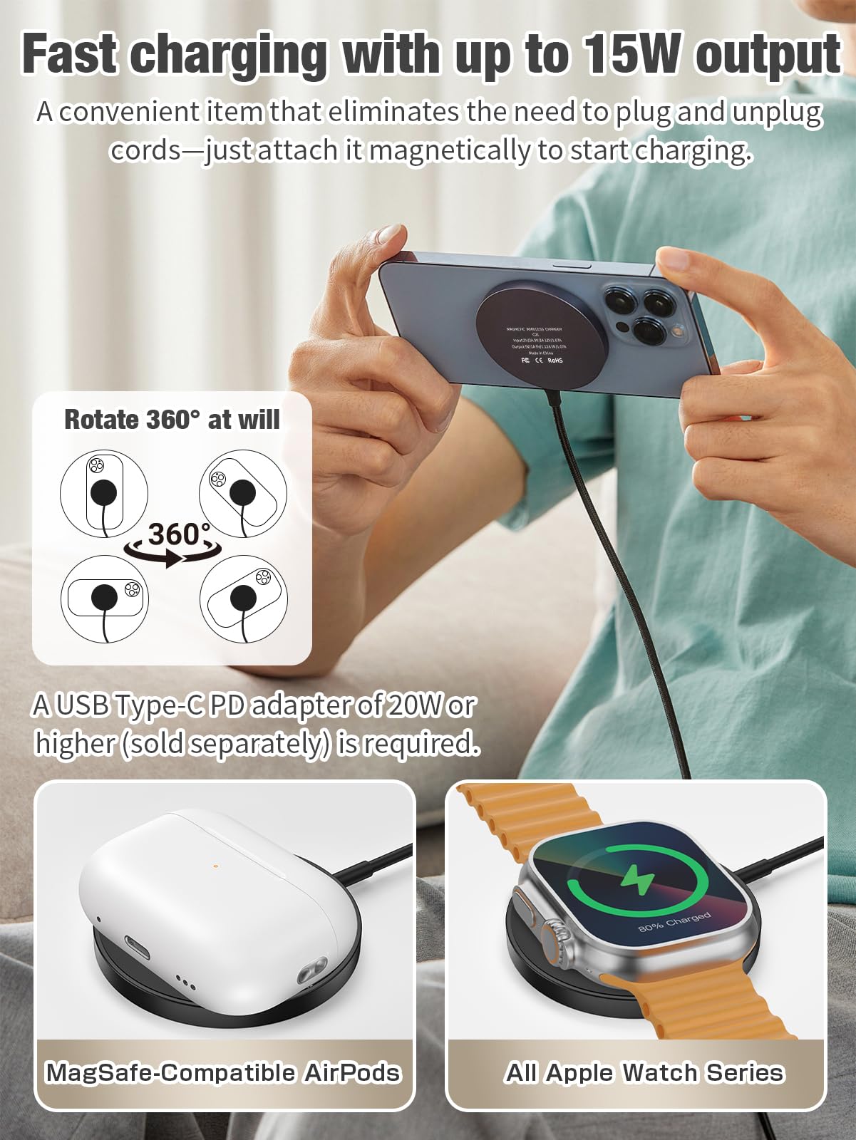 Magnetyczna bezprzewodowa stacja ładująca 3 w 1, szybka ładowarka 15 W, kompatybilna z iPhone 17/16/15/14/13/12, Apple Watch 9-2/SE, AirPods Pro 3/2/1, do biurka przy łóżku, podróży, domowego biura
