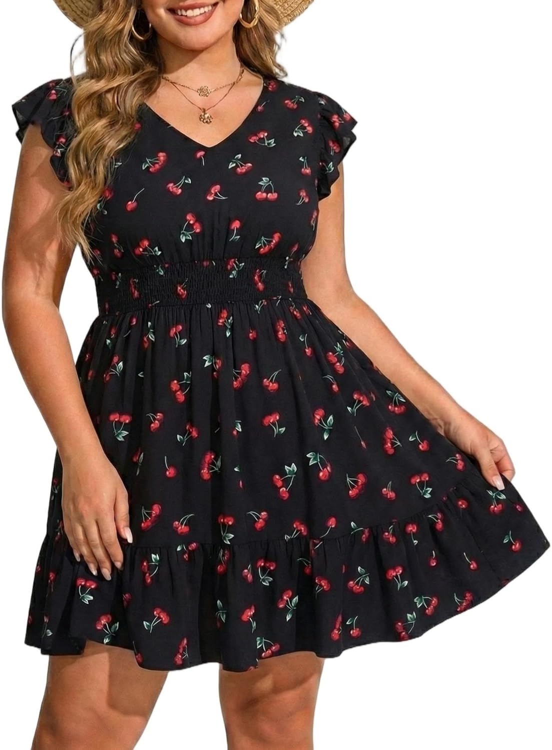 Womens Plus Size Summer Dress - Casual Beach Floral Print V Neck Ruffle Sleeve Flowy Short Sundress with Pockets