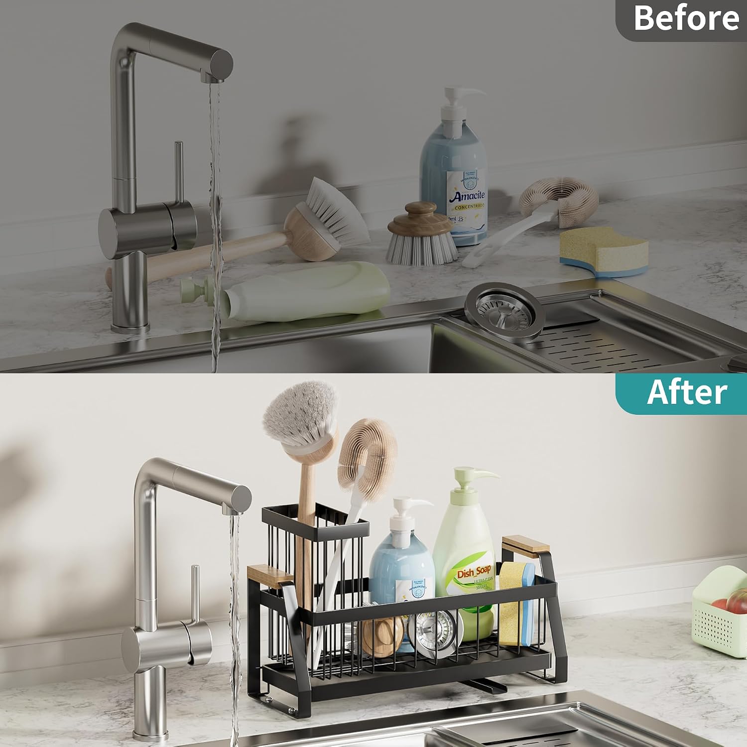 Trapezoid Sink Caddy Organizer with Wooden Handle & Self-Draining Tray