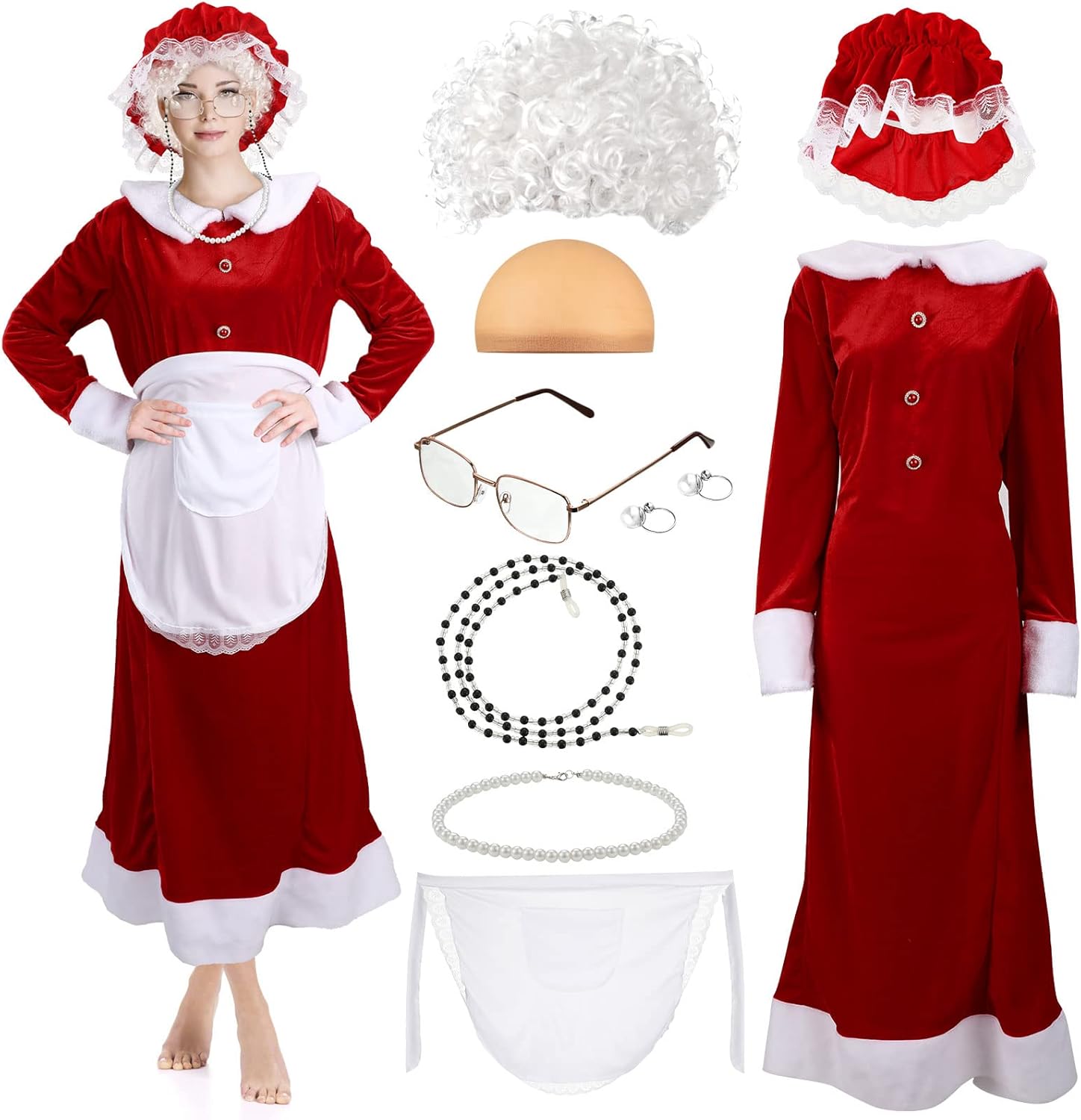 Yaomiao 9 Pcs Mrs. Santa Costume Women Santa Claus Costume for Women Christmas Bonnet Apron Wig for Christmas