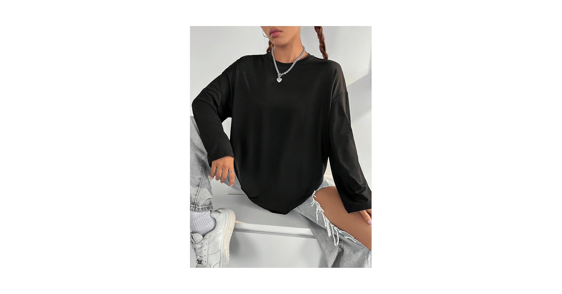 トップス Shadow long Tshirt (Black) Women's T-Shirt Solid Drop Shoulder Tee - Casual Long Sleeve