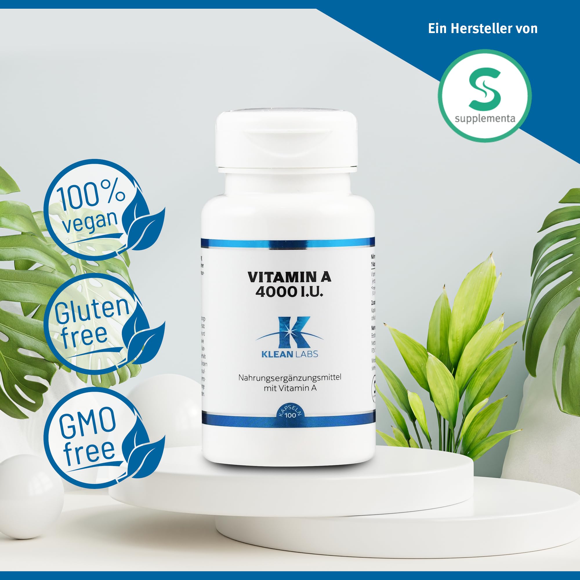 Vitamin A 4000 i.E. - 100 Kapseln - vegan, ohne Gentechnik, glutenfrei, ohne unerwünschte Zusätze - zur Erhaltung normaler Sehkraft & Schleimhäute