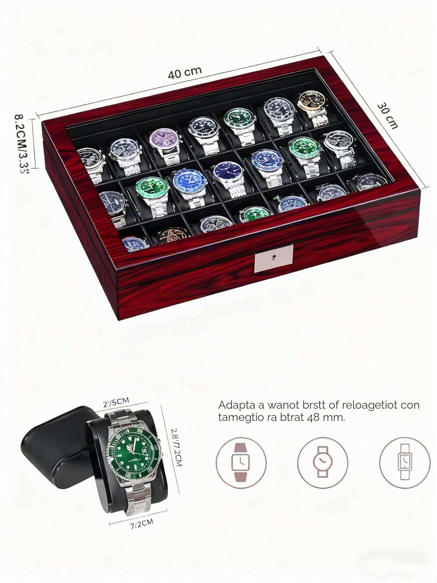 ANWBROAD Caja de relojes con 21 compartimentos, caja de joyería para hombre, con gran tapa de vidrio, vitrina de relojes, organizador de relojes con cierre, lujoso soporte de relojes para regalo