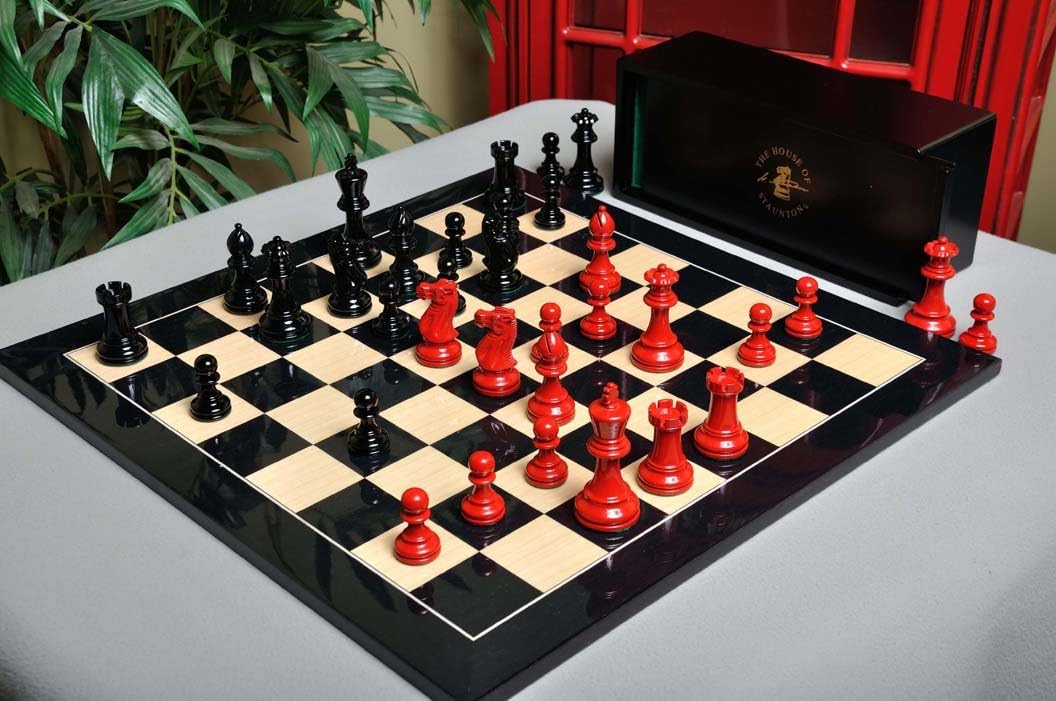 The House of Staunton The Grandmaster Regal Series Chess Set, Box, & Board Combination - Black and Red Lacquered