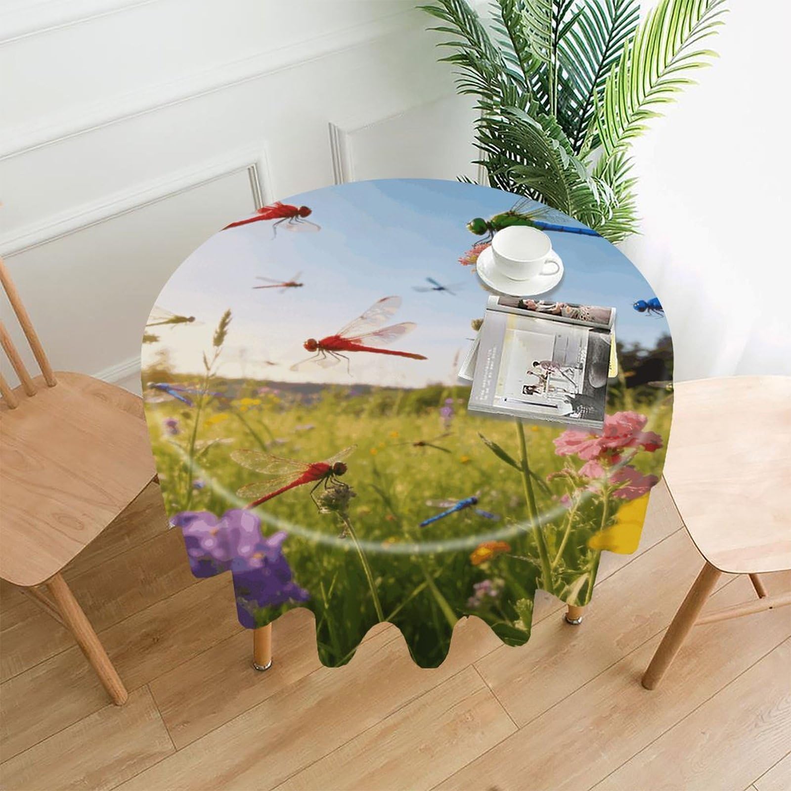 LZQPOEAS Dragonfly Meadow Tablecloth Easy to Clean Polyester Round Table Cover Washable Round Table Cloth Wrinkle-Free Circle Decoration Tablecloth for Kitchen and Dining Room 60"