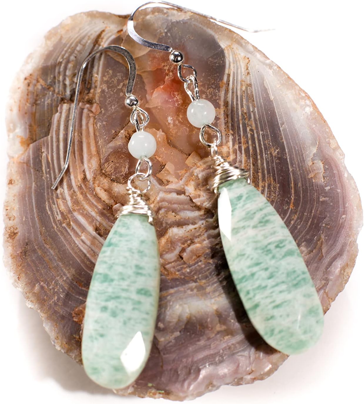 Natural Amazonite Wire Wrapped Long Pear Drop 10x30mm with Amazonite Spacers, Matching Earrings Jewelry Set in 925 Sterling Silver
