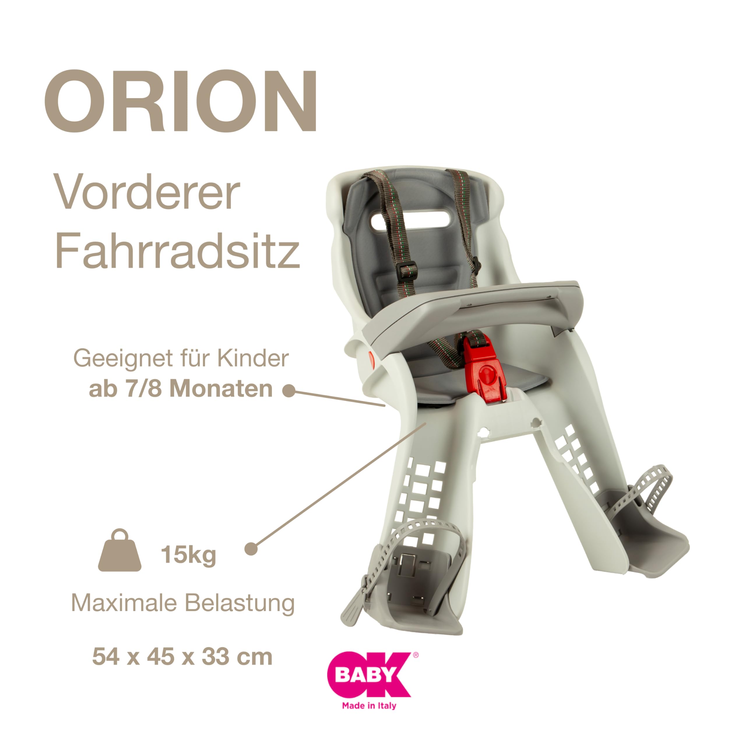 OKBABY Orion - Lenker-Kinderfahrradsitz - für Babys ab 7/8 Monaten (max. 15 kg) - Grau/Grau